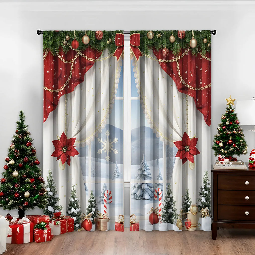 Pair of red and green 3D digitally printed Christmas curtains with festive patterns hanging on a window.