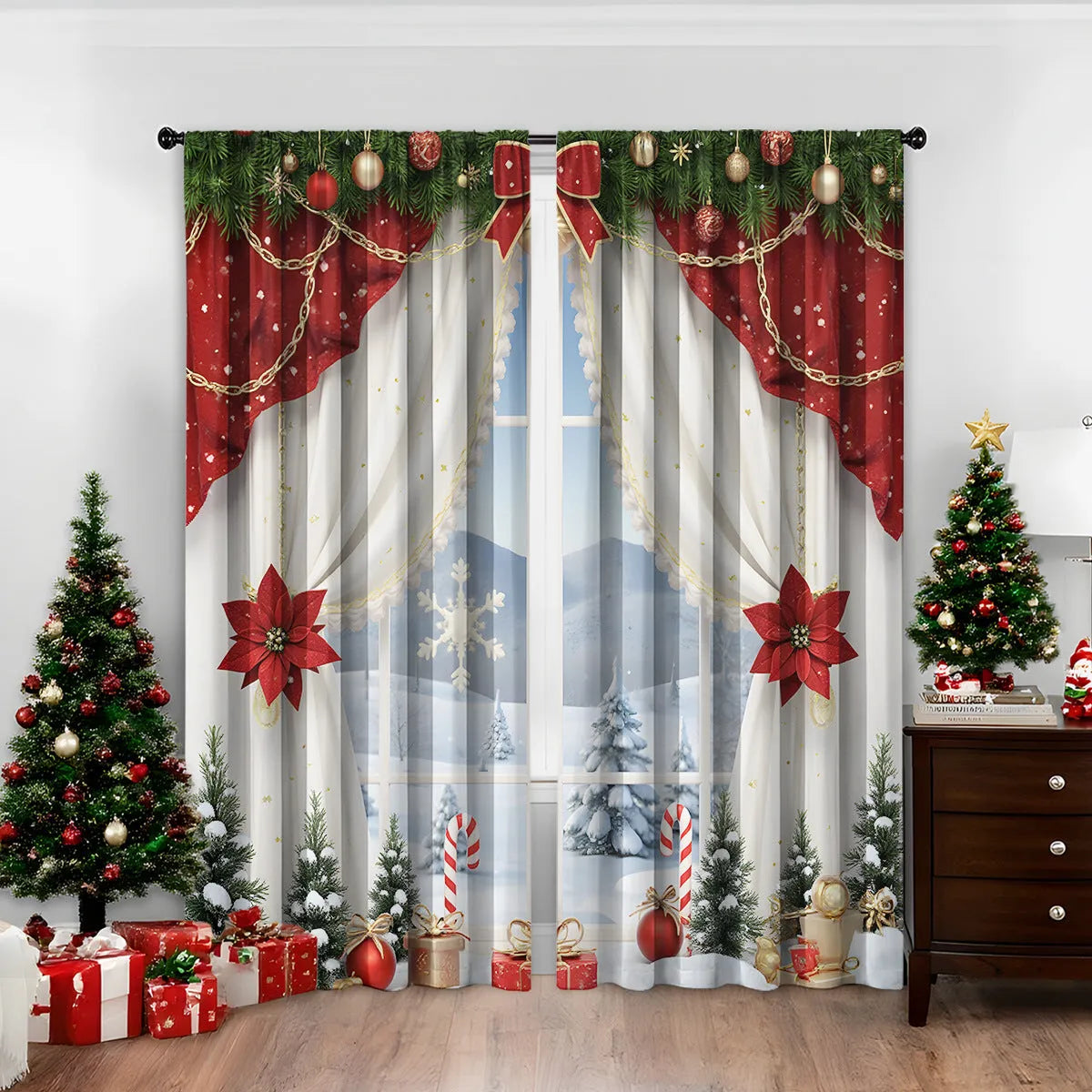 Pair of red and green 3D digitally printed Christmas curtains with festive patterns hanging on a window.
