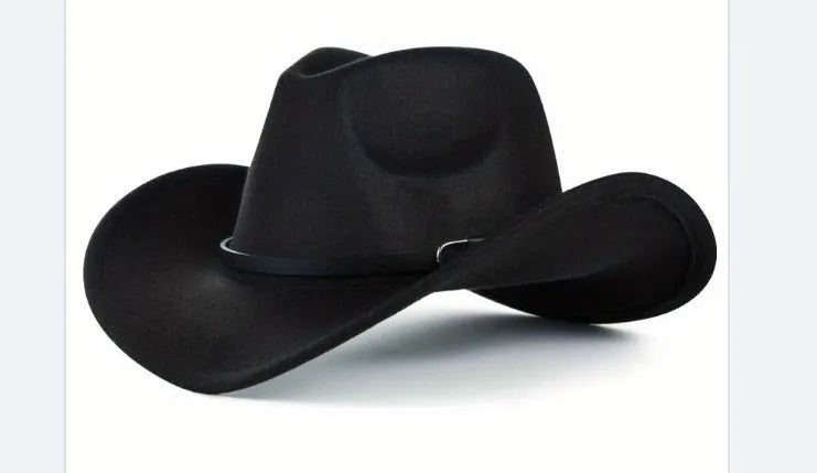 Brown leather velvet curved edge Western cowboy hat with a conical crown on a wooden surface.