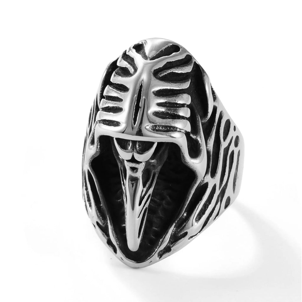 Stainless steel crow skull ring with geometric animal motif in MR166 colour
