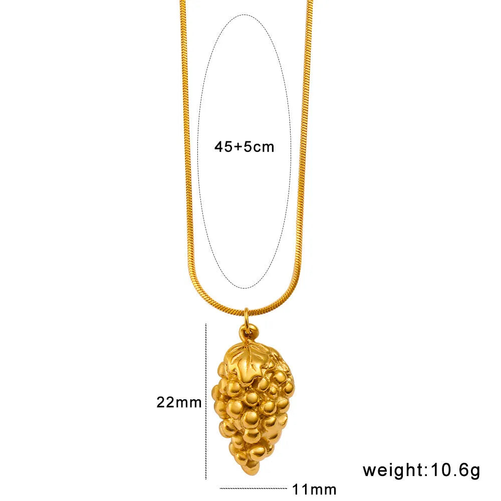 Stainless steel fruit pendant necklace with colourful charm designs including apple, grape, watermelon, pineapple, strawberry, and banana