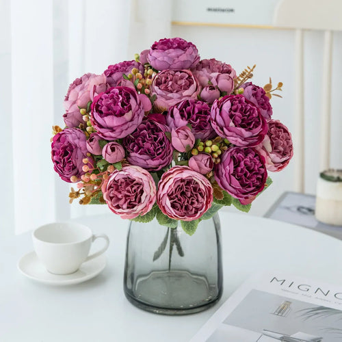 Silk artificial peony bouquet in champagne colour for wedding or home decoration.