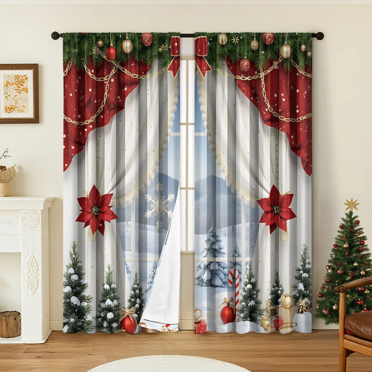 Pair of red and green 3D digitally printed Christmas curtains with festive patterns hanging on a window.