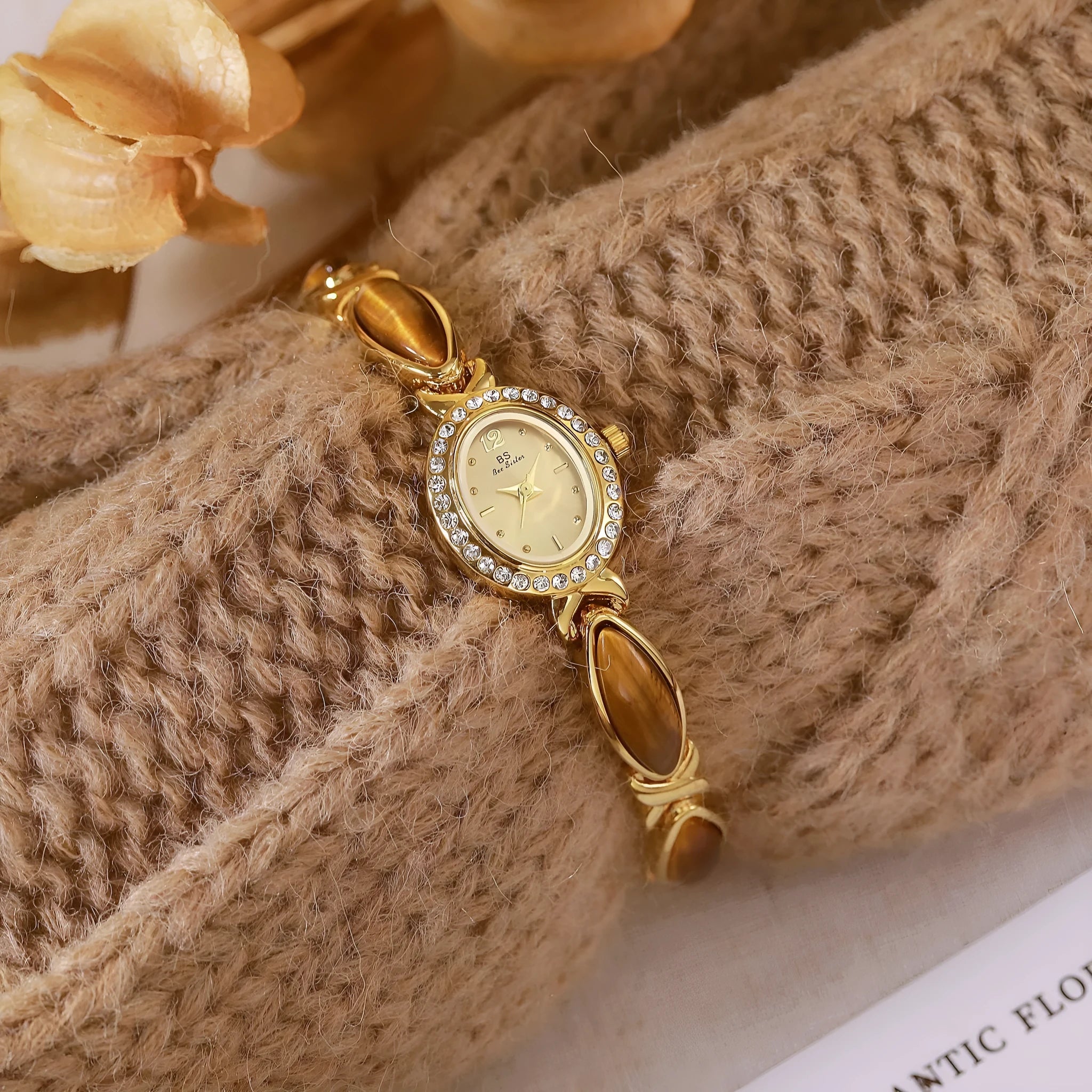 Tigereye Maillard chain watch for women, 7mm alloy, Tiger Eye Champagne Gold colour