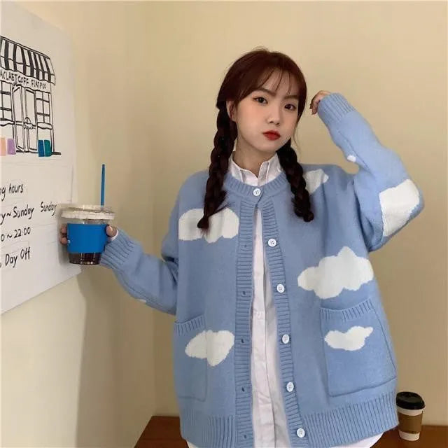 Women's blue cloud pattern spandex cardigan sweater coat with loose fit design