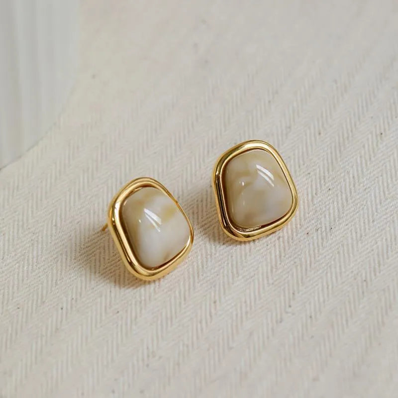 French style geometric pearl earrings with retro quadrilateral metal design in brown, coffee or white