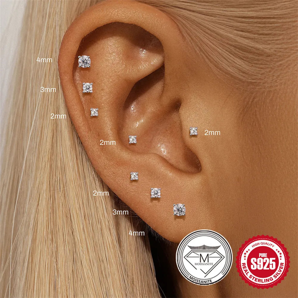 S925 sterling silver petal diamond stud earrings in platinum-single finish, showing clip-on back and geometric design options.