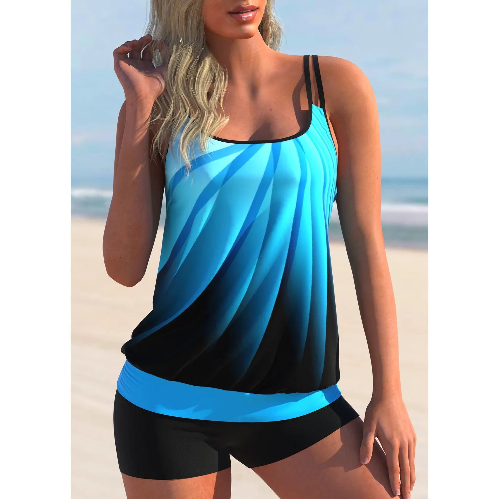 Plus size women's butterfly print swimsuit set with strap top and conservative beach shorts.