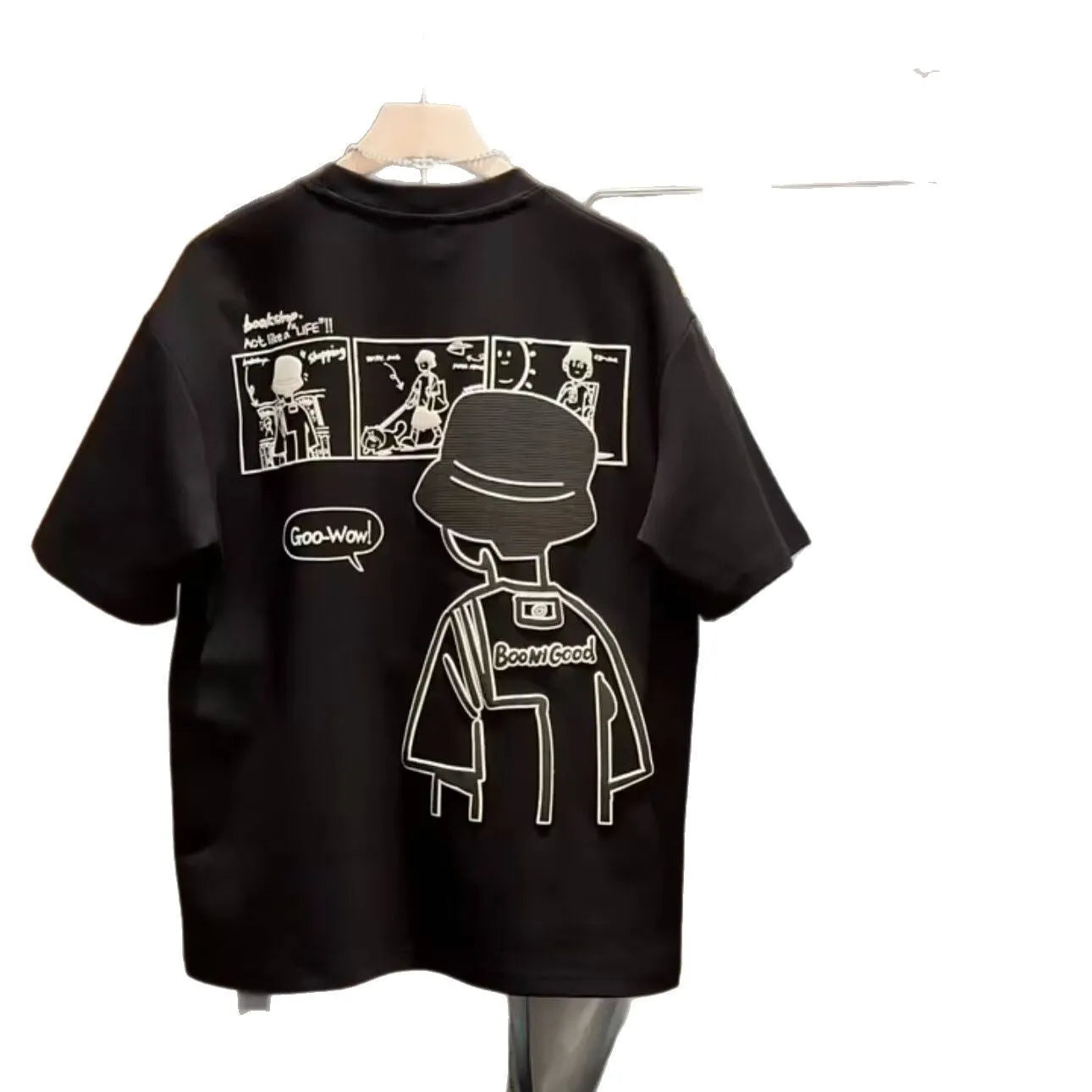 Men's black cotton short sleeve t-shirt with cartoon print design and crew neck