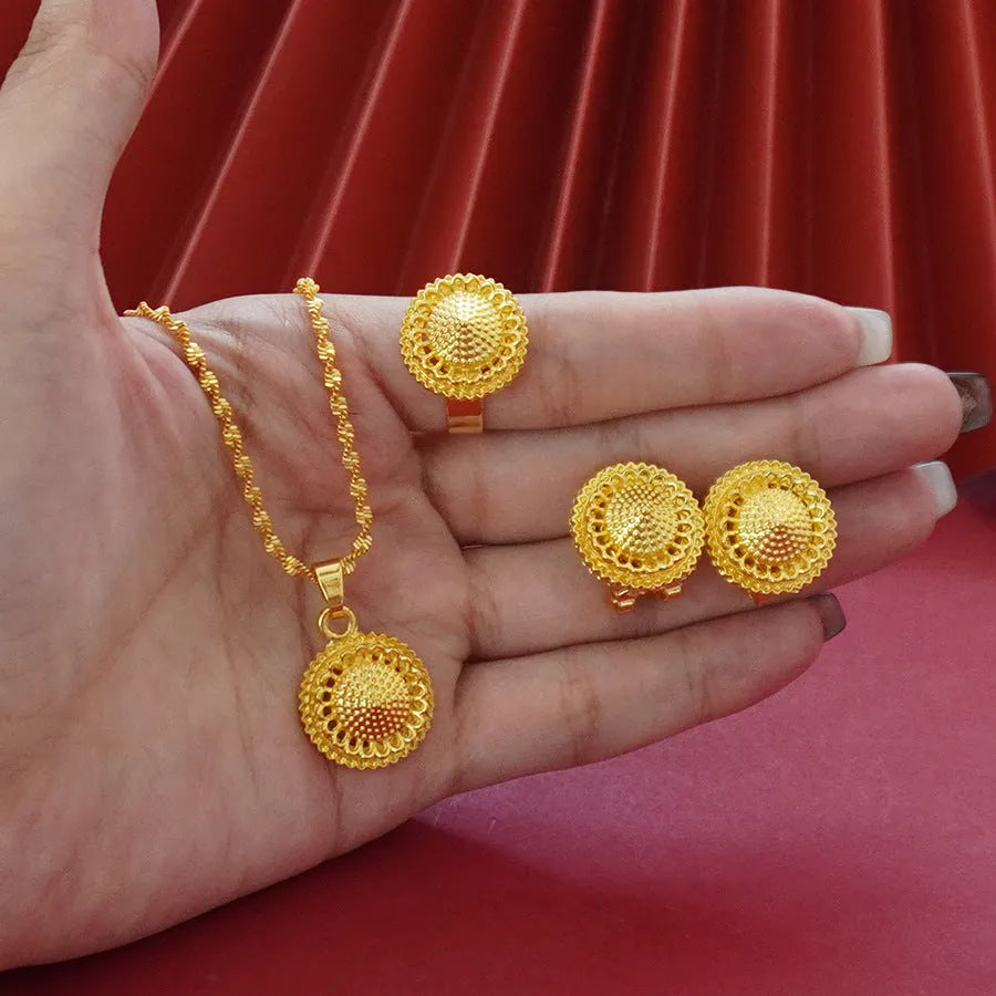 Gold-plated three-piece jewellery suit with three-layer flower design pendant, earrings, and ring on water wave chain