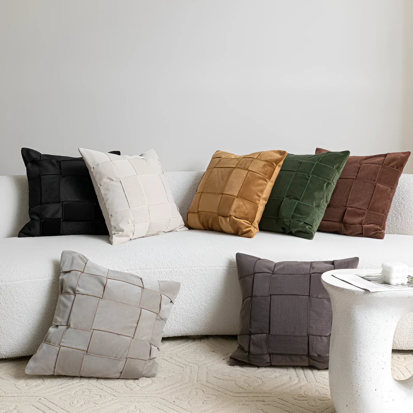Square chenille woven cushion in a choice of seven colours, shown at 50x50cm size.