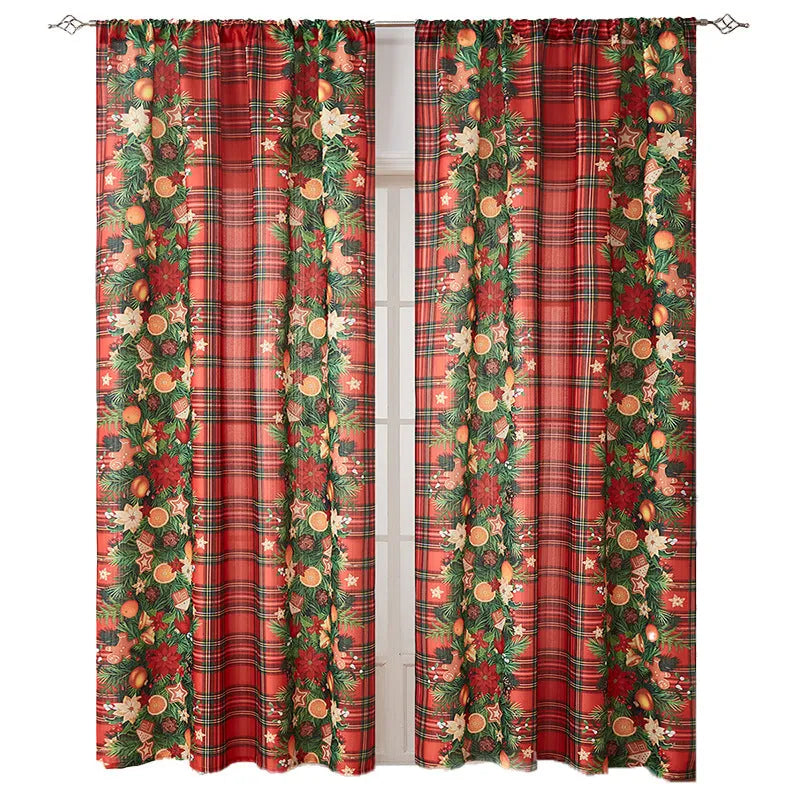 American-style rectangular polyester curtain with printed red Christmas plaid design, semi-sunshade function.