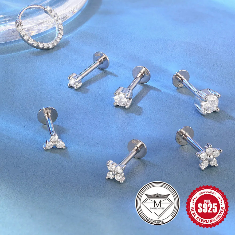 S925 sterling silver petal diamond stud earrings in platinum-single finish, showing clip-on back and geometric design options.
