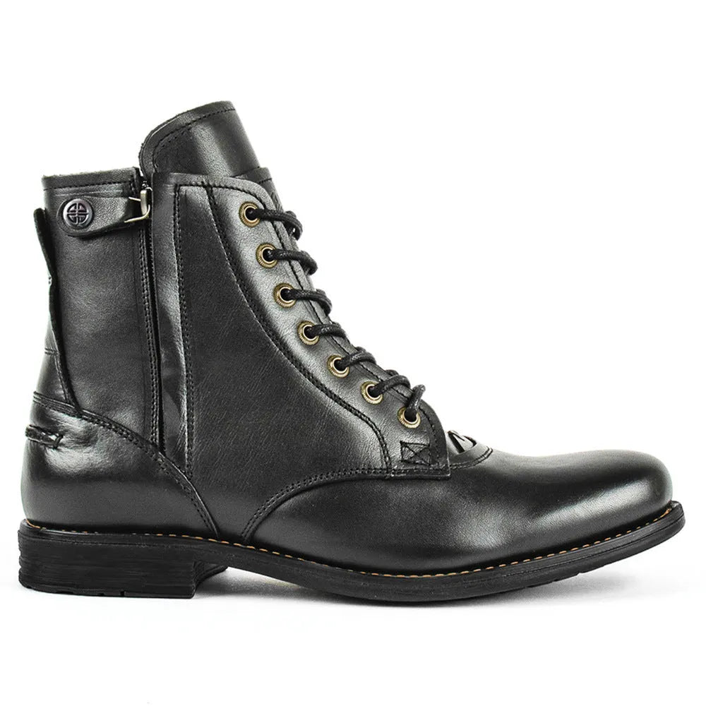 Men's black leather ankle boots with side zipper and beef tendon sole