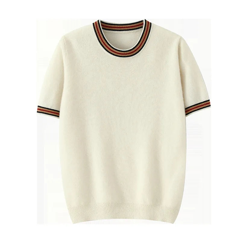 Men's short sleeve round neck pure wool sweater in black, grey, or white.