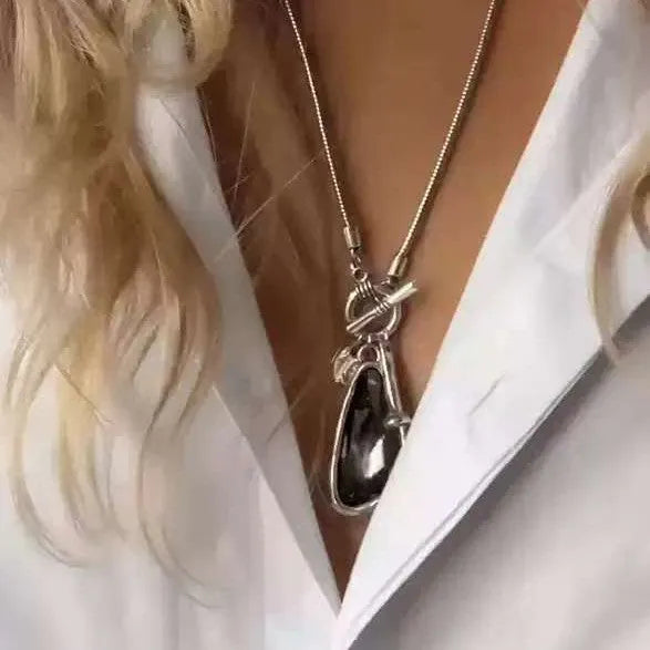 Women's long geometric pendant necklace with plaid pattern on snake bones chain for sweater layering