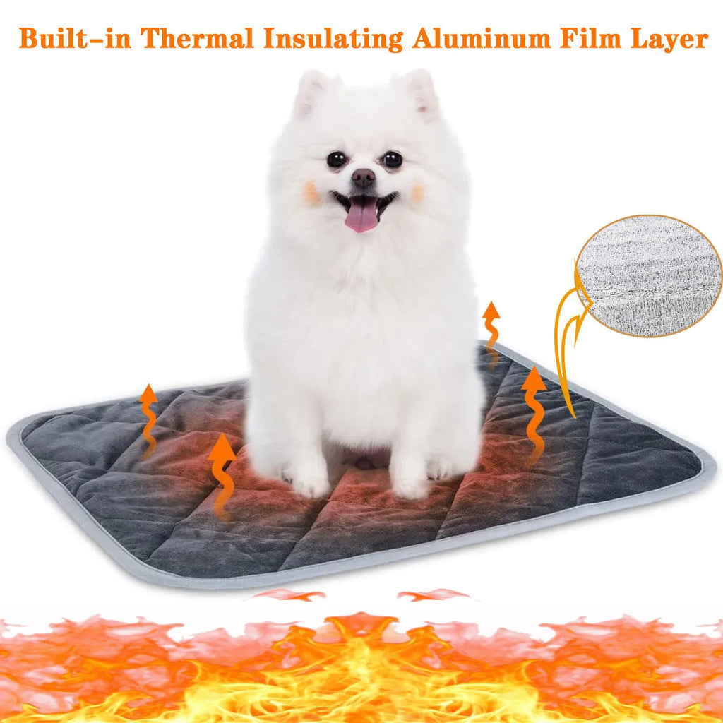Grey cloth pet cushion shown in a range of four sizes on a wooden floor.