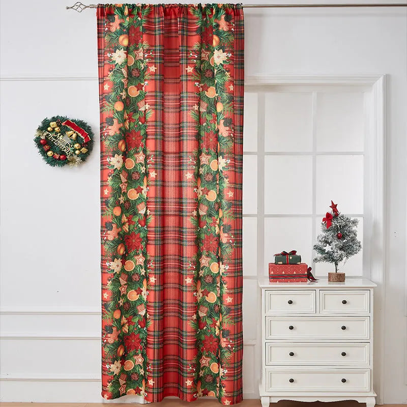 American-style rectangular polyester curtain with printed red Christmas plaid design, semi-sunshade function.