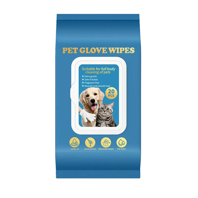 Pack of 20 disposable wash-free gloves for pet bathing and cleaning care.