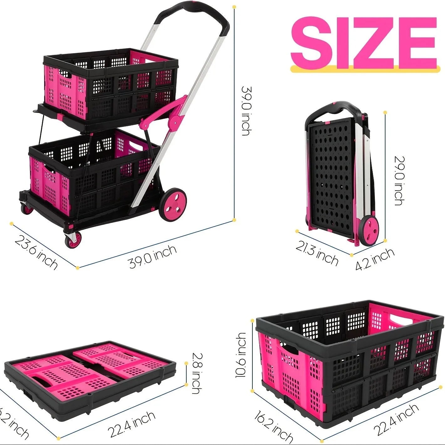 Blue foldable shopping trolley with two plastic baskets showing collapsed and extended positions