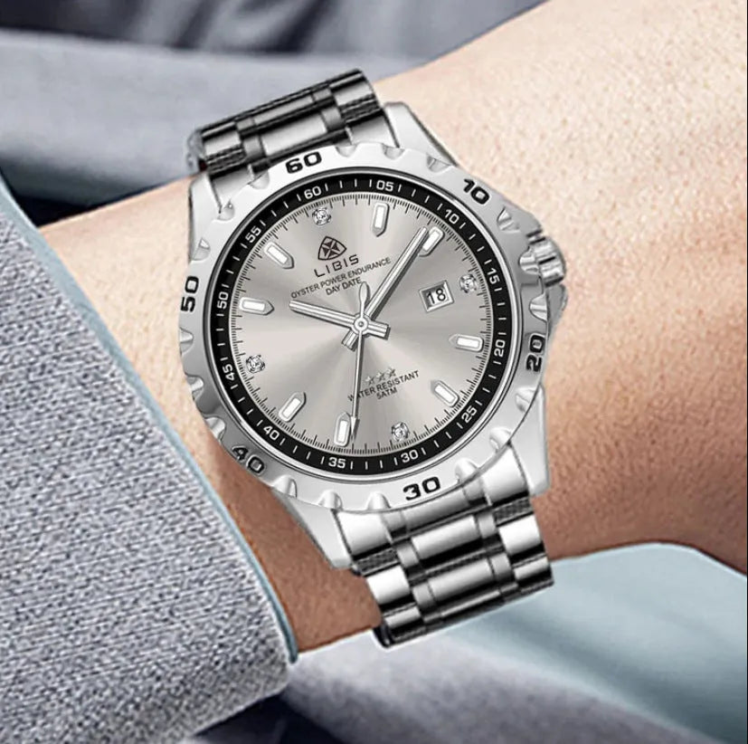 Men's silver stainless steel waterproof watch with luminous hands and sapphire crystal