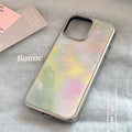 Hard PC phone case with marbling epoxy green pink marble pattern and silver edge for iPhone drop protection
