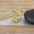 Copper ring with 18K gold plating and green zircon stones in three-layer exaggerated wide design