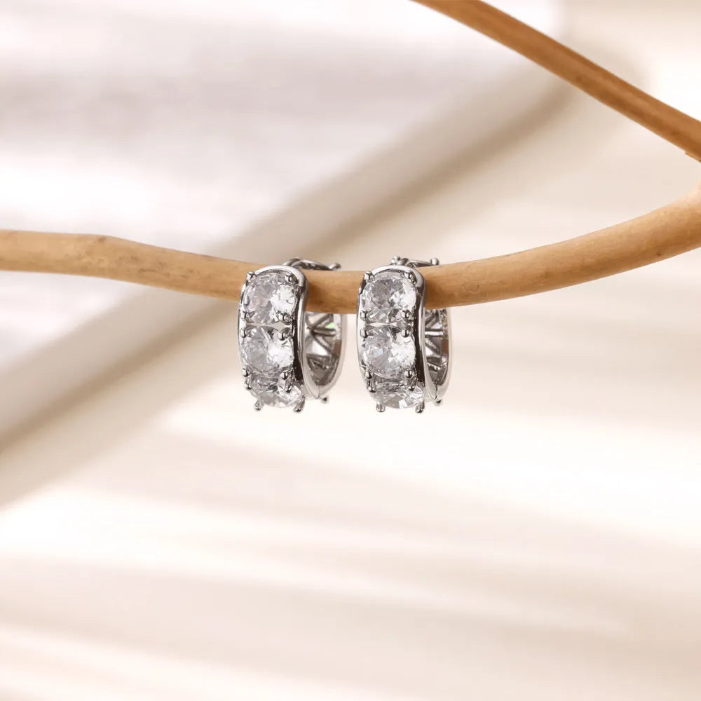 Women's silver U-shaped ear clip earrings with inlaid zircon stones