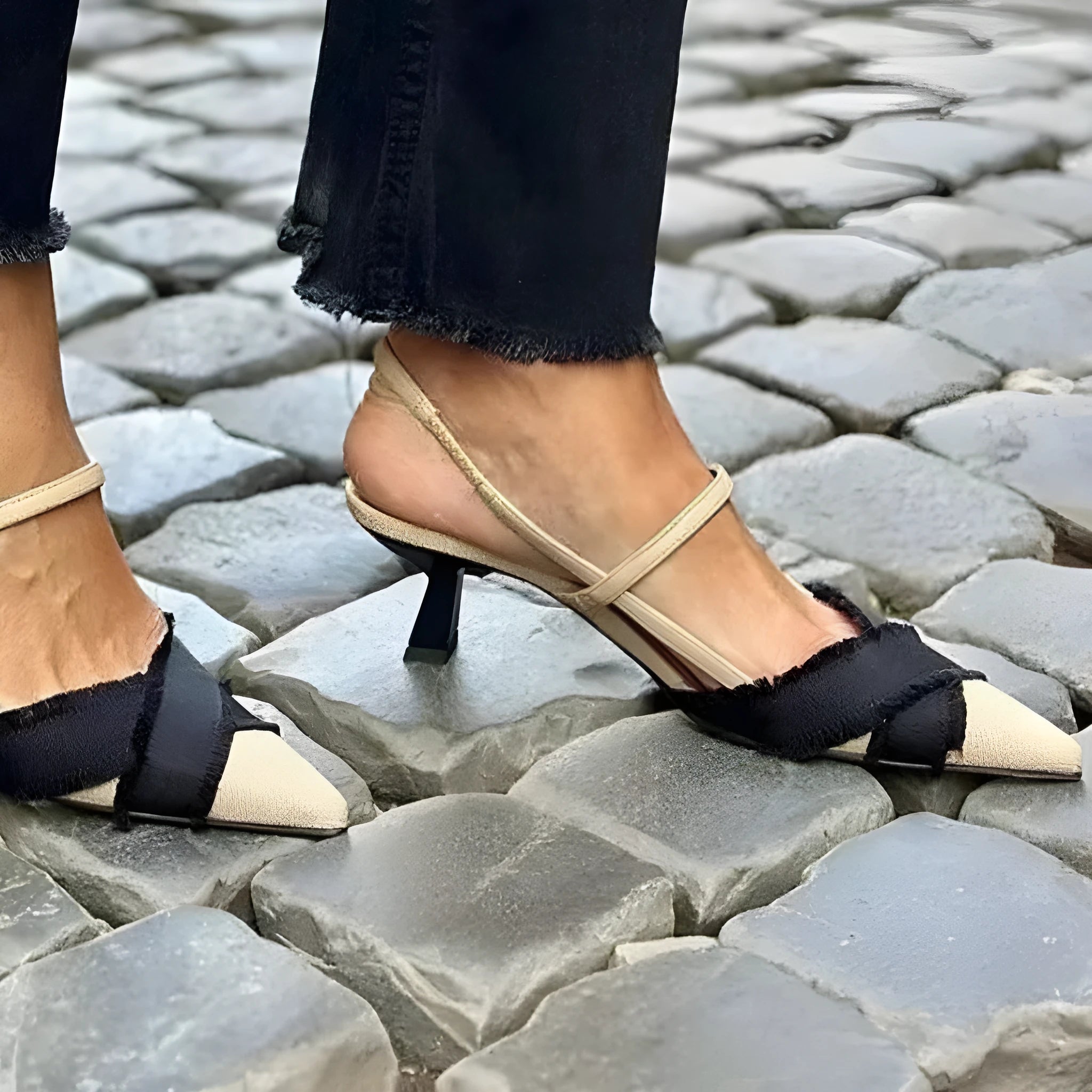 Women's apricot black colour block stiletto heel sandals with pointed toe and buckle.
