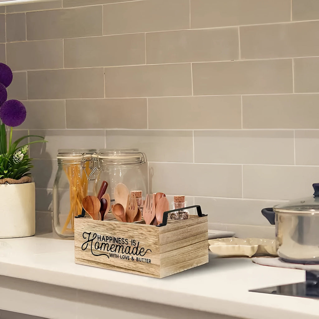 Wooden kitchen storage box with grid dividers for cutlery organisation measuring 23x16.8x10cm