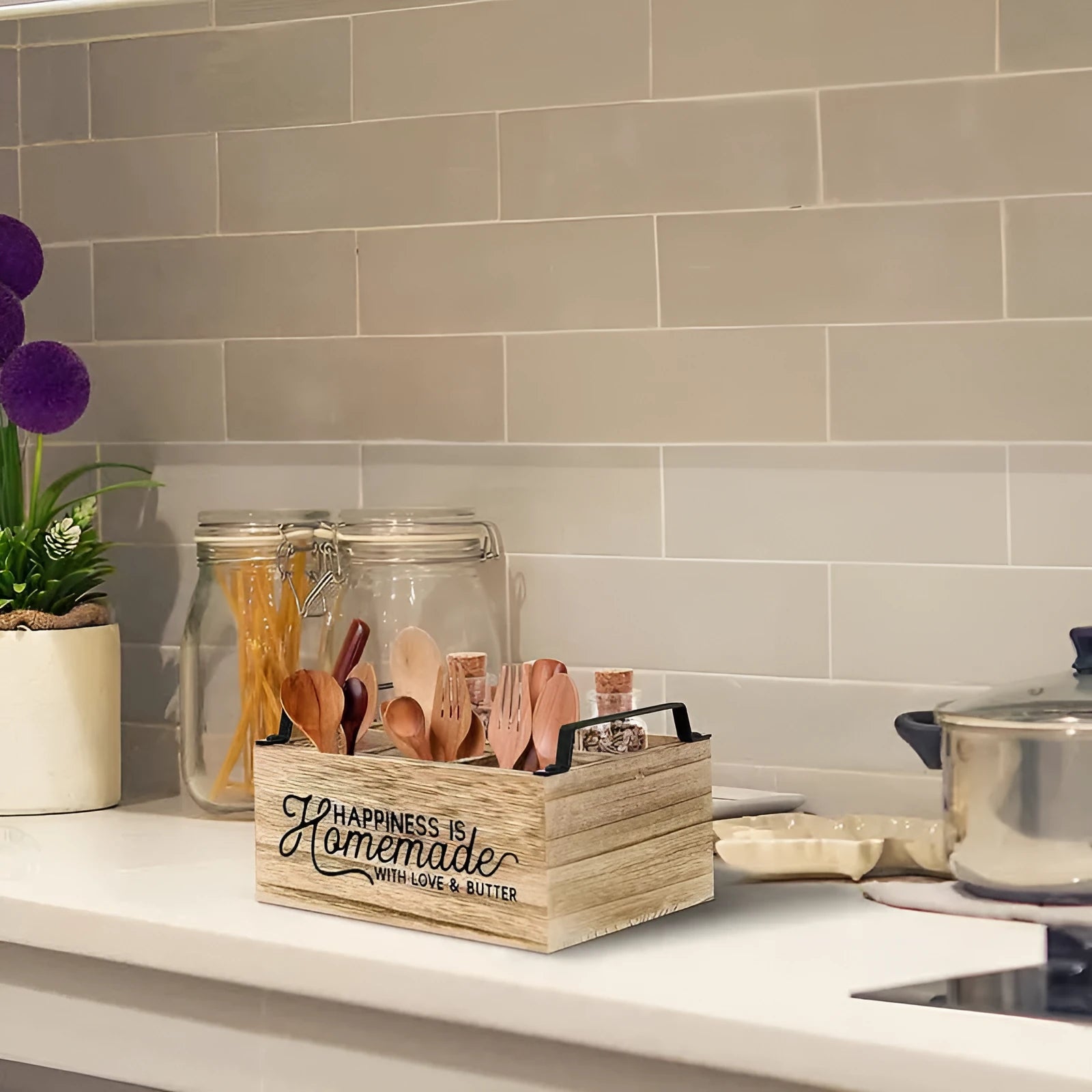 Wooden kitchen storage box with grid dividers for cutlery organisation measuring 23x16.8x10cm