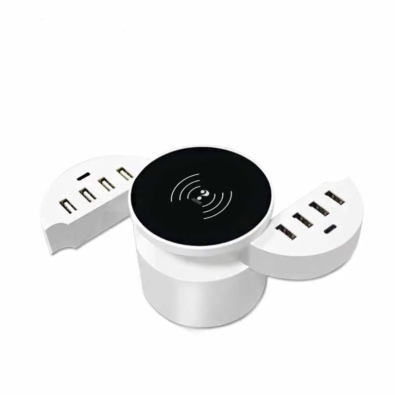Ceramic white circular wireless charger with cable and international adapters for EU UK US outlets