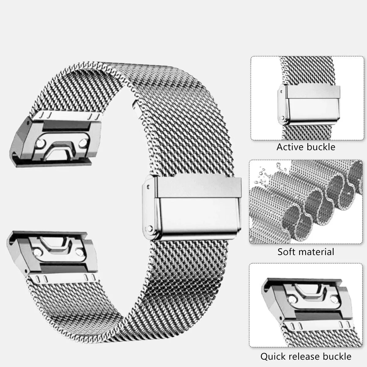 Stainless steel card strap for Garmin Fenix watches in silver, black, gold, and rose gold colours showing width options