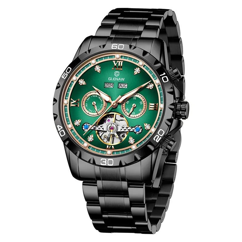 Men's automatic mechanical watch with metal case, stainless steel strap, and mineral glass face in business style