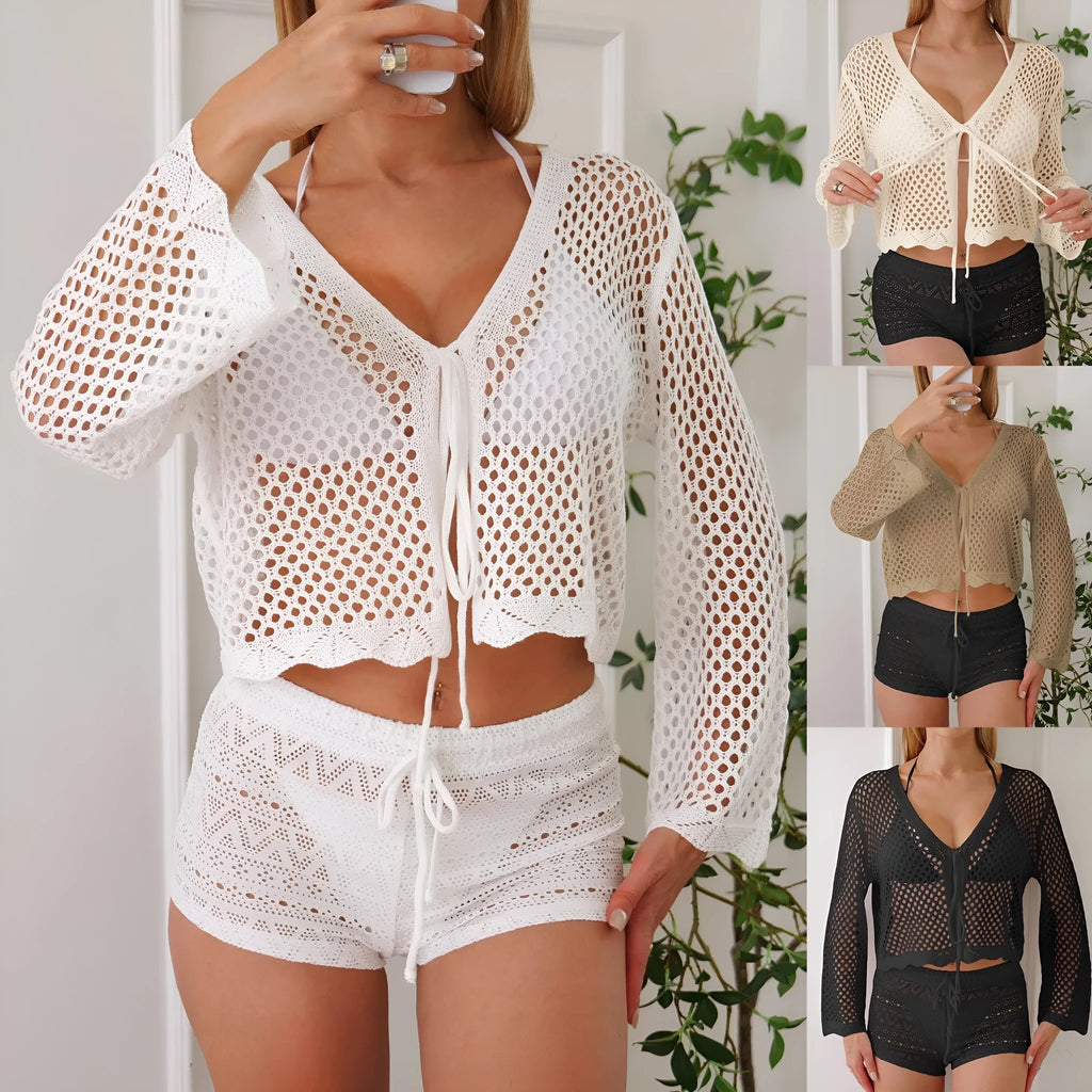 Women's apricot hollow woven cardigan blouse with bell sleeves, shown front view.