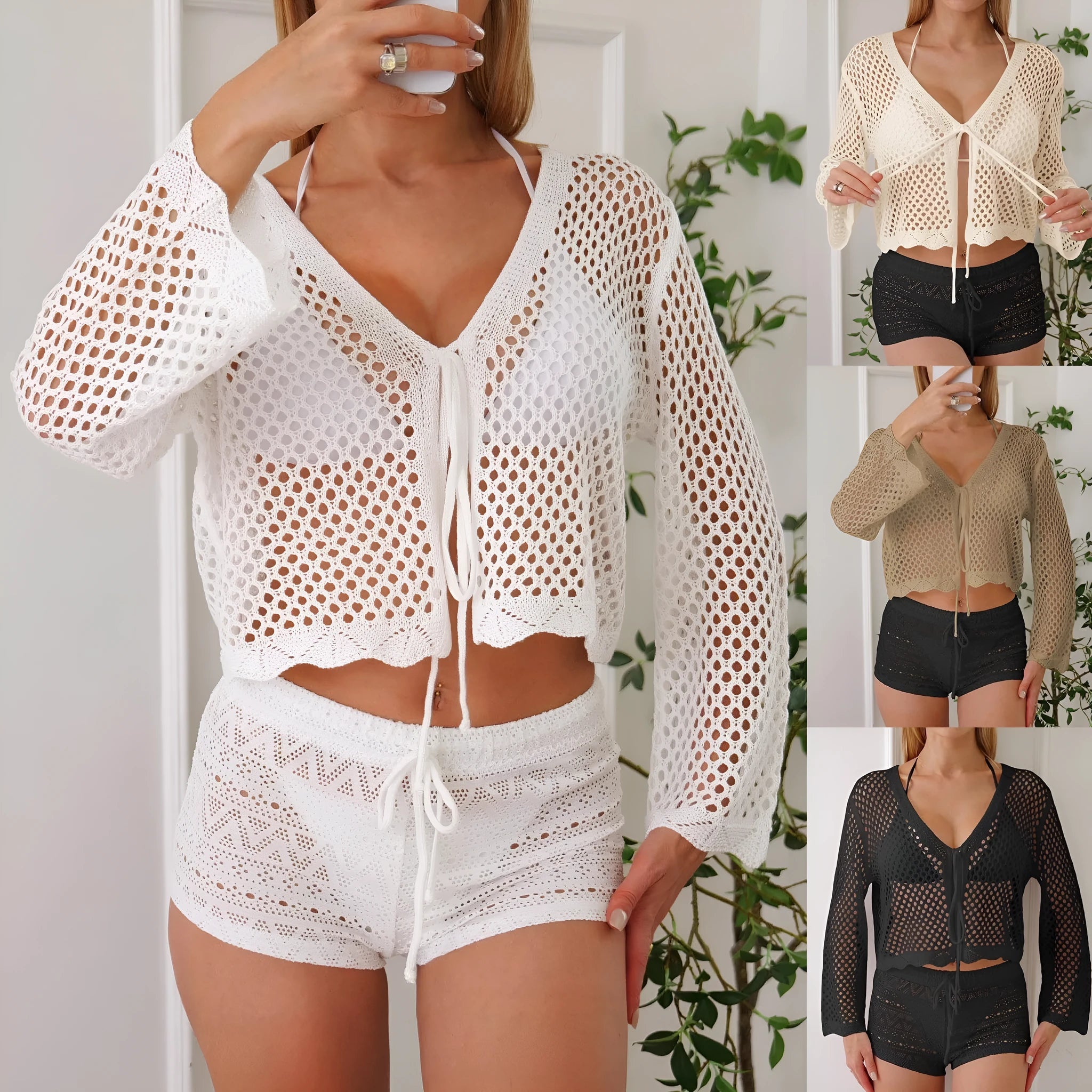 Women's apricot hollow woven cardigan blouse with bell sleeves, shown front view.