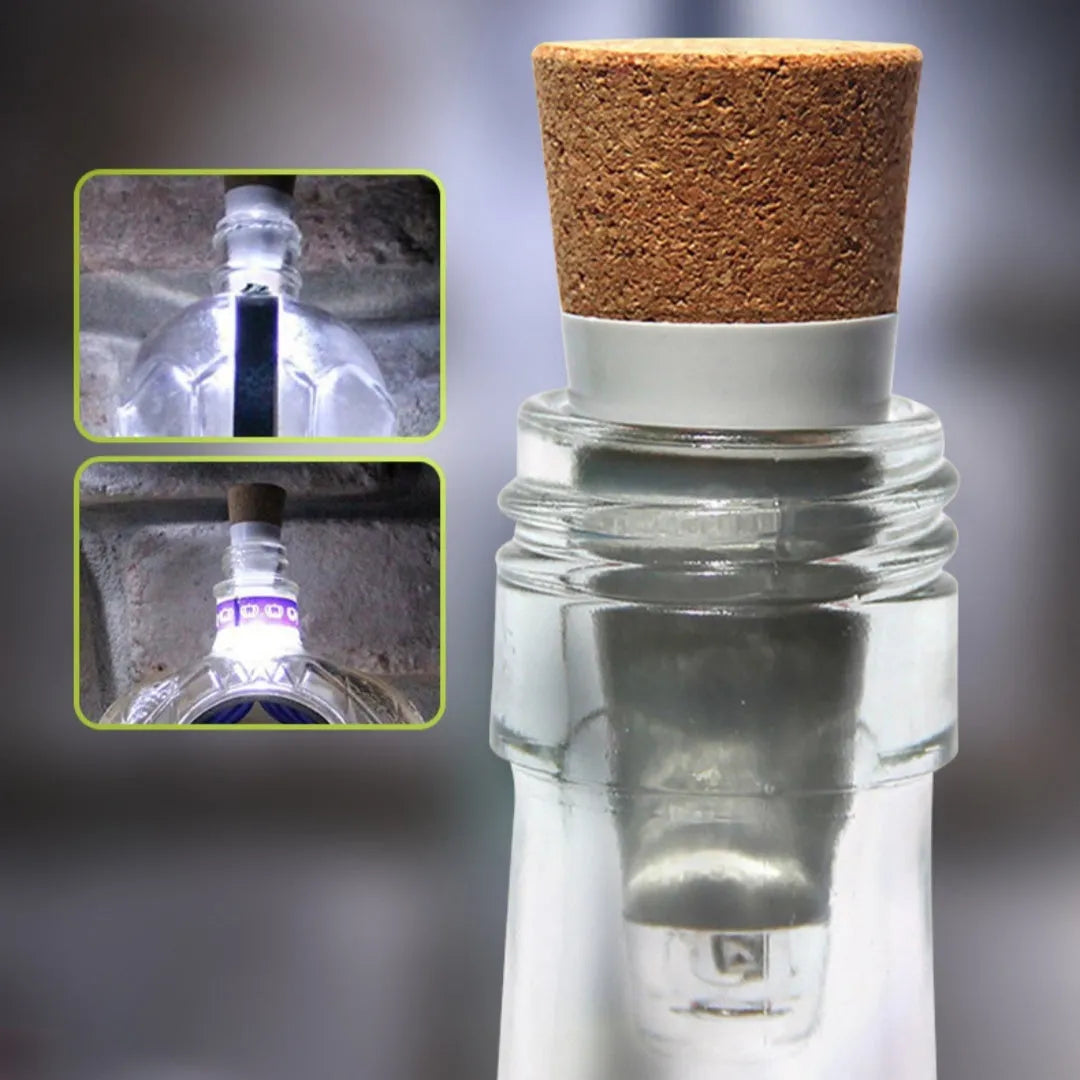 White plastic rechargeable LED bottle cap light with 15 small LED beads visible.