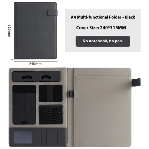 A4 leather business folder in black colour showing document storage and accessory features