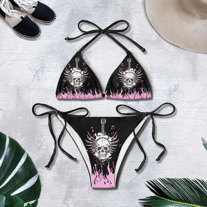3D printed lace up bikini set for summer with graphic customisation, sleeveless top and pants in colour BAD82