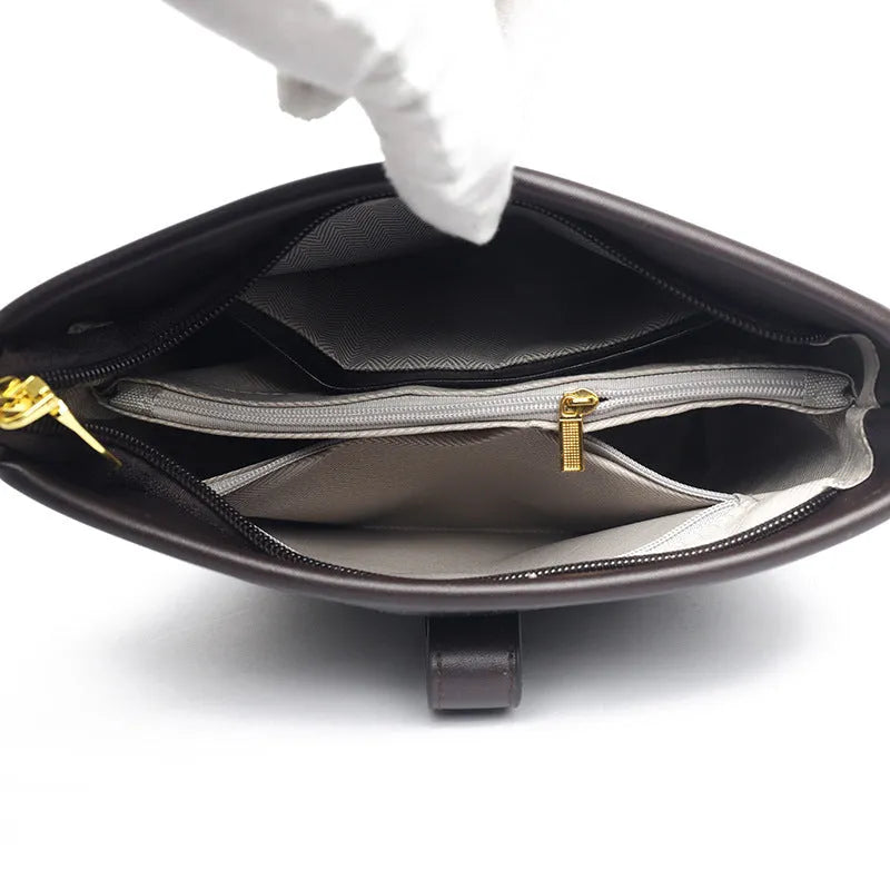 Korean style black bucket bag with multiple compartments and double shoulder straps