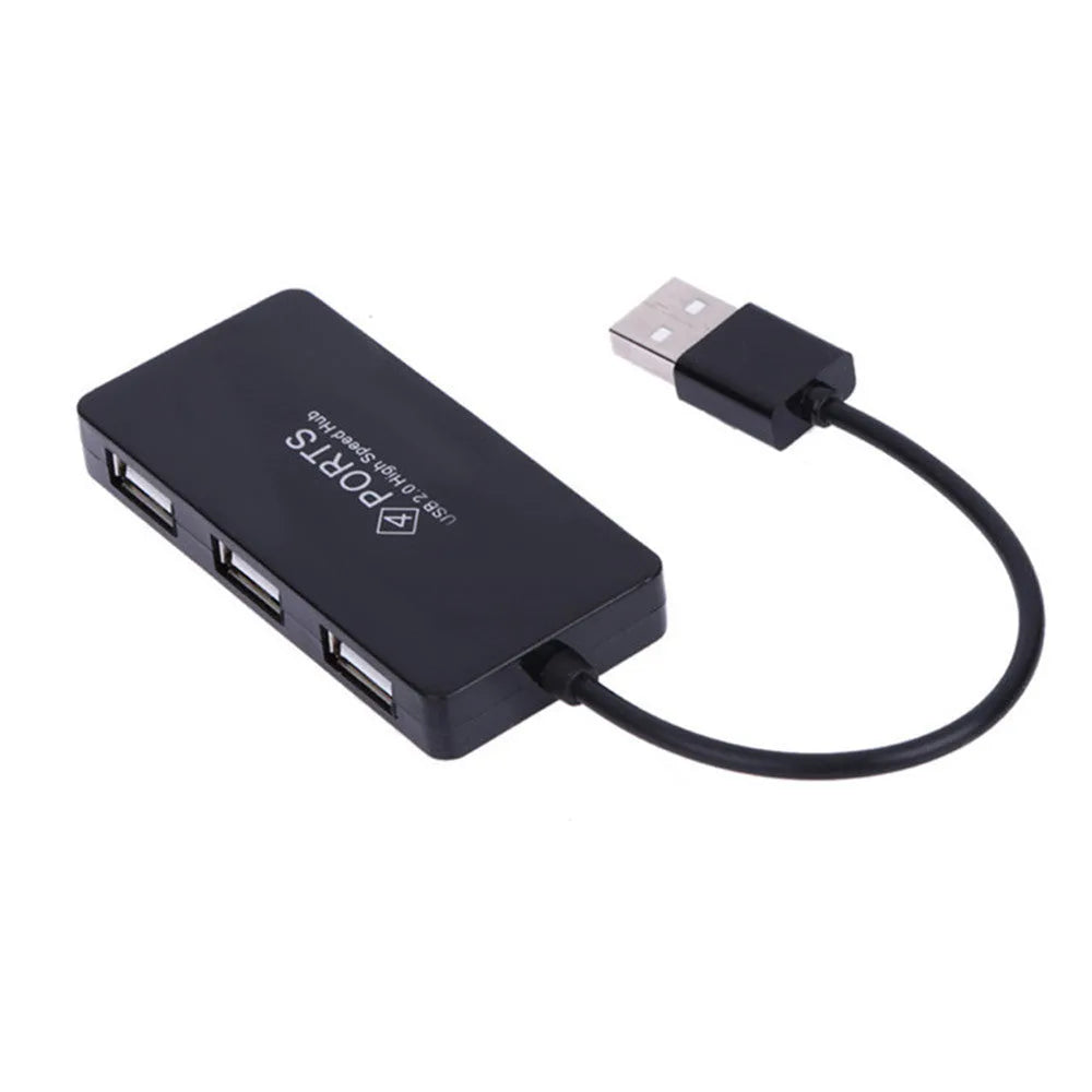 Black 4-port USB hub with 14.5cm cable and compact rectangular casing