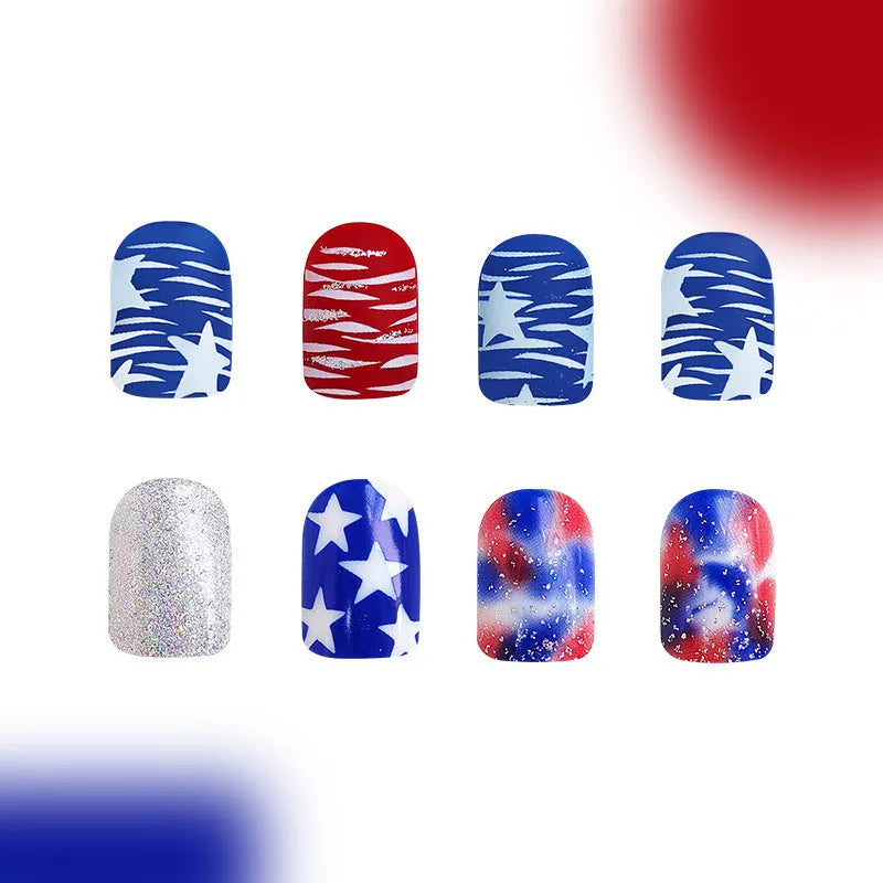 Set of red and blue glitter false nail tips in a short European square shape.