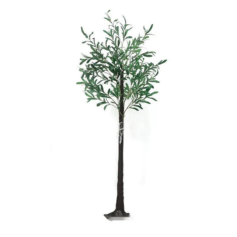 Tall 1.8 metre simulation olive leaf tree lamp with warm white LEDs lit, showing abstract trunk design.