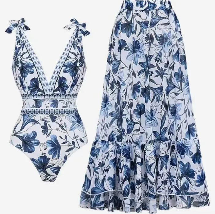 Women's one-piece swimsuit with optional printed skirt, sleeveless polyester, sizes S to XL