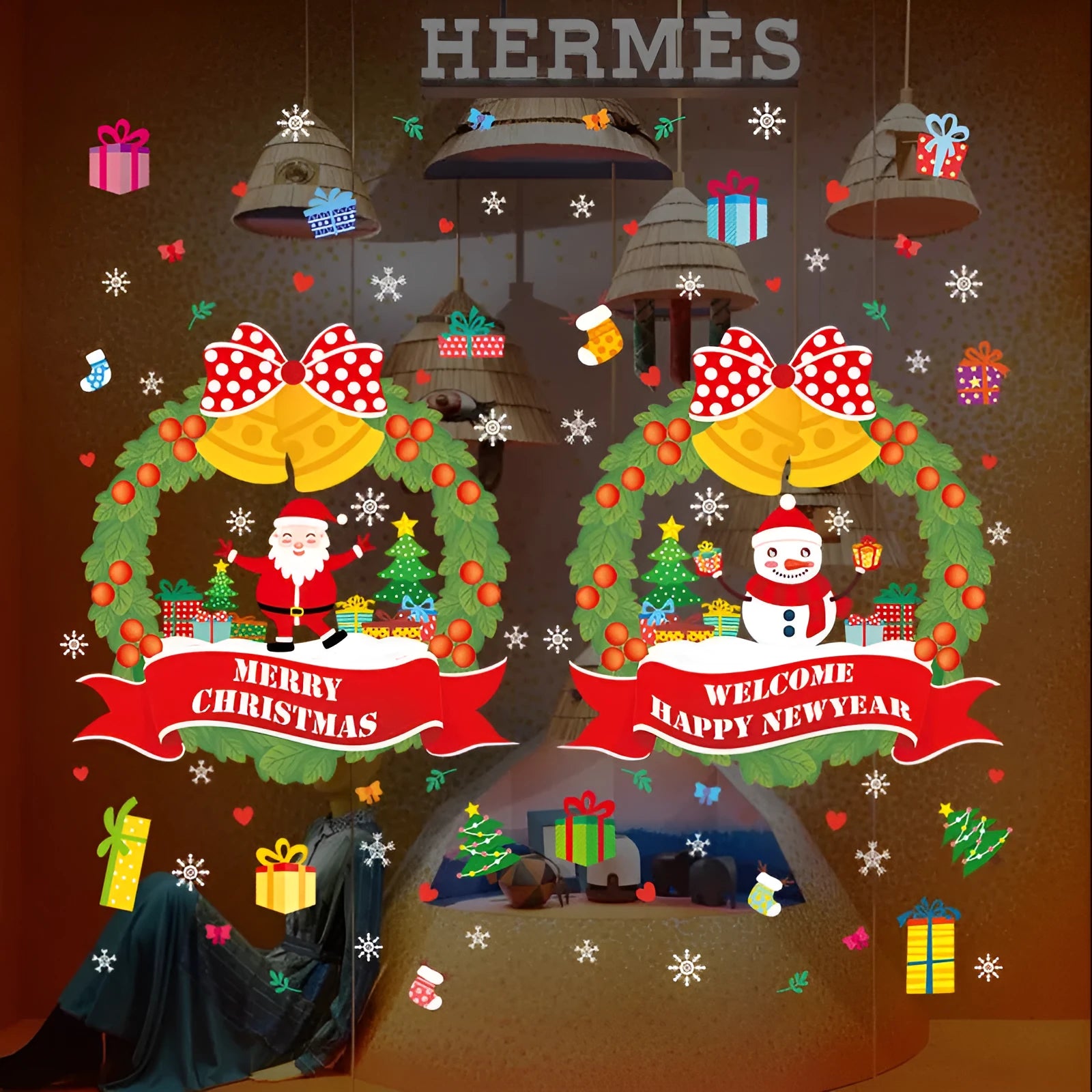 Large PVC Christmas static wall sticker with cartoon anime pattern measuring 60x45cm
