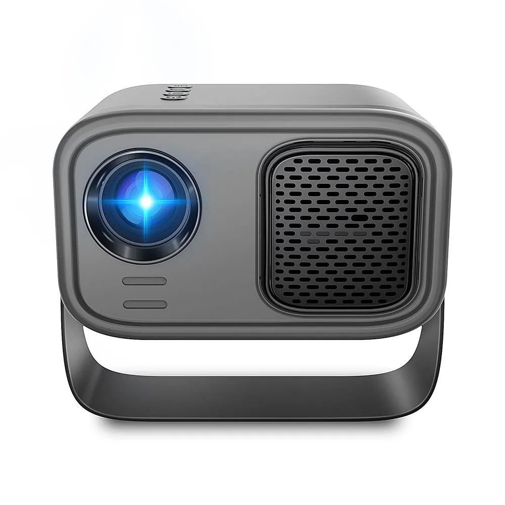 Black portable HD projector with remote control and international plug adapters