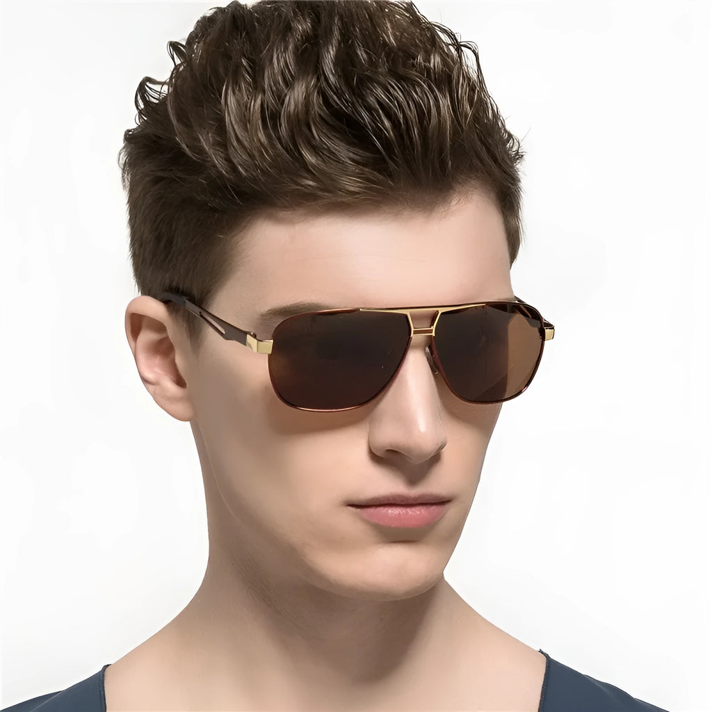 Men's orange red polarised aviator sunglasses with a metal frame.