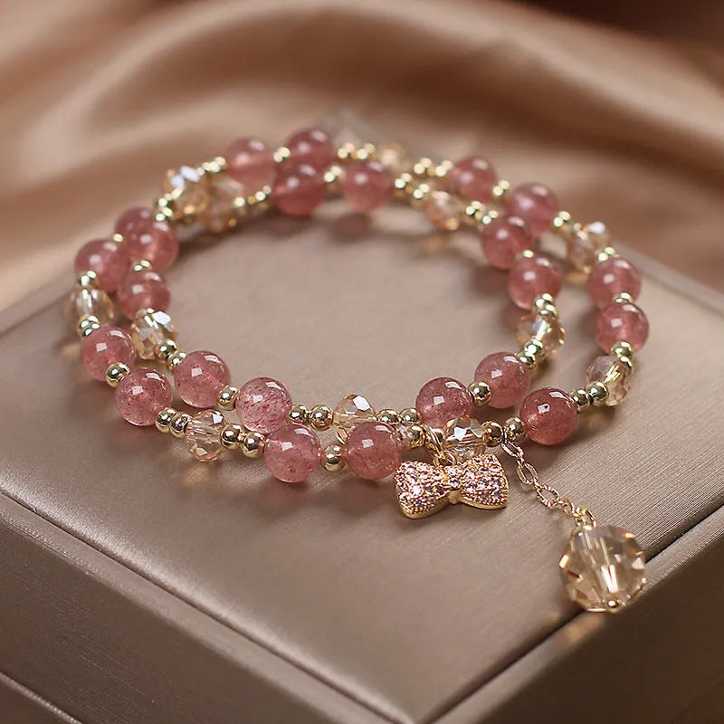 Gold double layer strawberry quartz bracelet for women with U-shaped original design