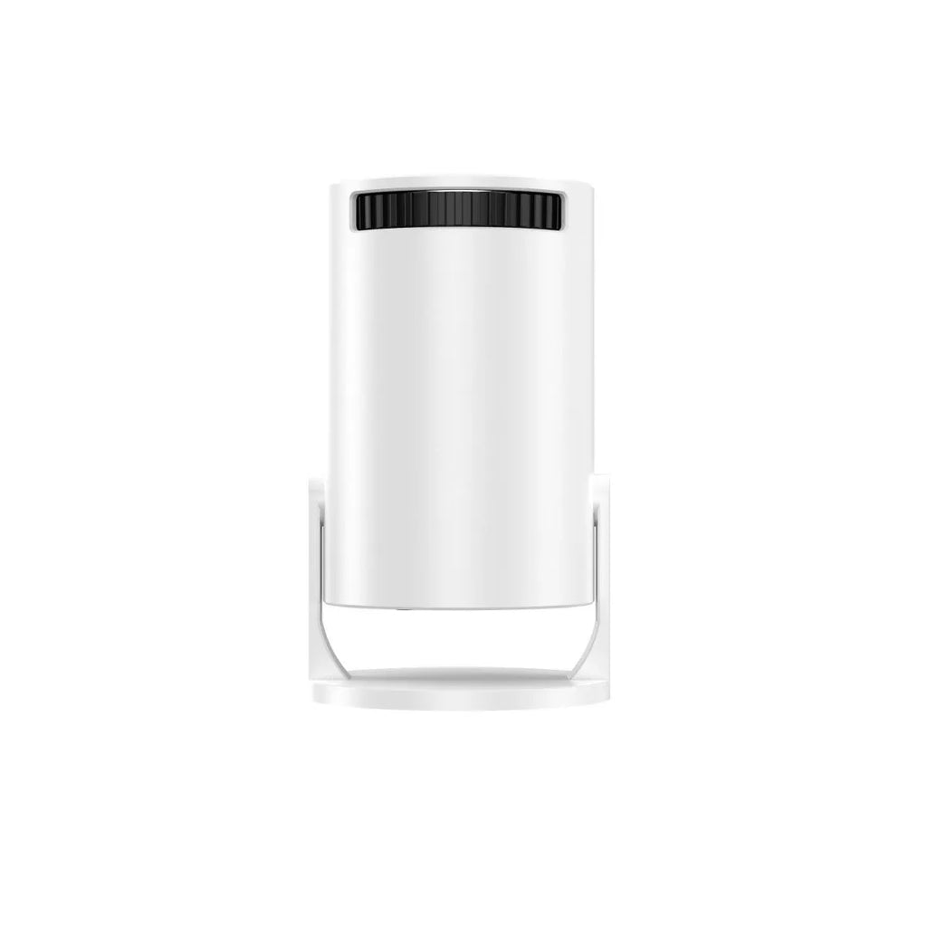 White mini wireless portable HD projector showing 1080p resolution for home cinema use.