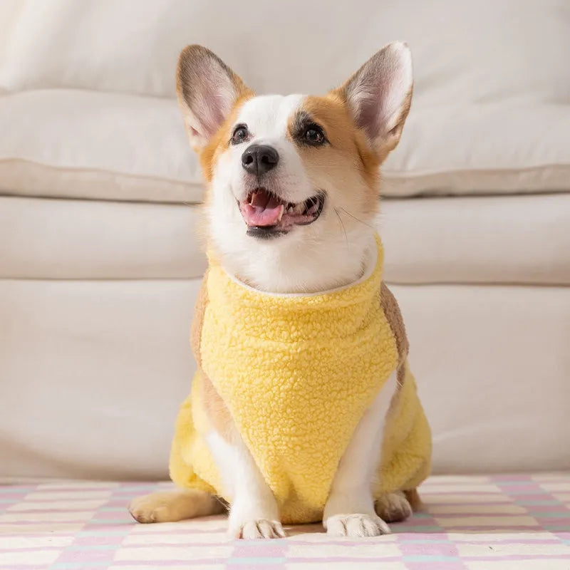 Cute bear embroidered pet fleece jacket with plaid pockets and leash ring for small dogs in yellow